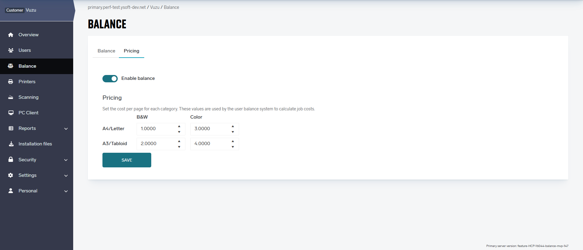 Balance settings tab with pricing table